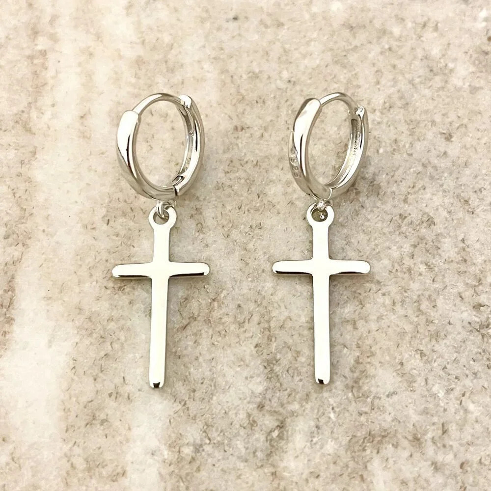 925 Sterling Silver Cross Earrings Cross Huggie Hoop Earrings Minimalist Hoops